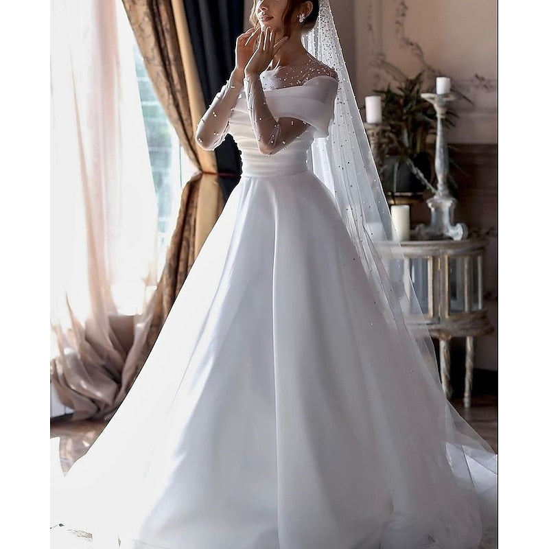 A-Line Illusion Neck Long Sleeve Floor Formal Wedding