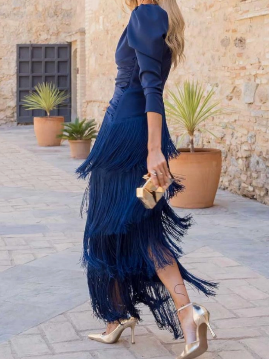 Elegant Tassel Ruched Midi Dress