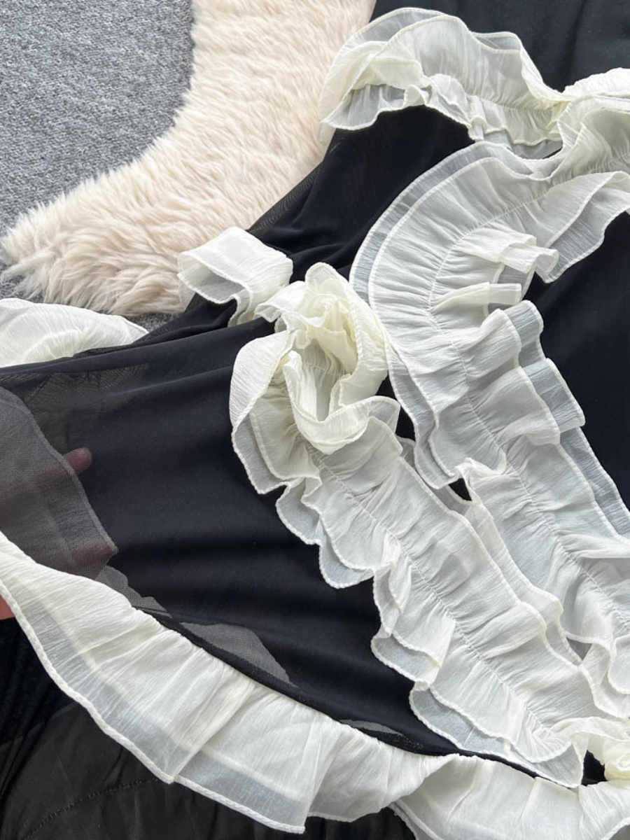 Irregular Ruffled Stitching Strap Mesh Dress
