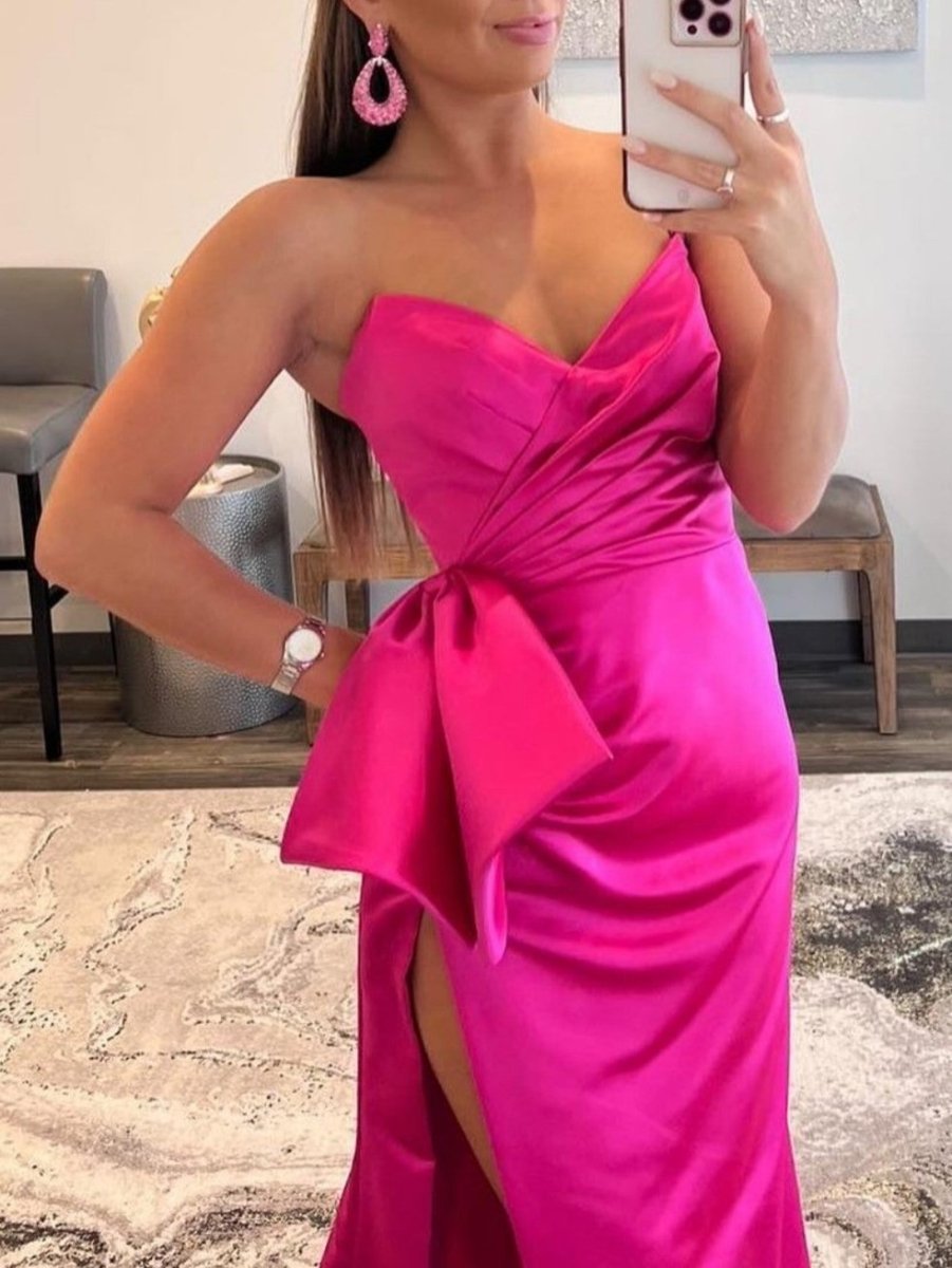 |Mermaid Strapless Long Satin Prom Dress with bow tie