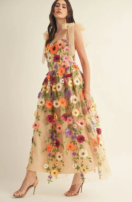 Women's Bare Toe Floral Long Dress 3D Floral Netted Long Dress