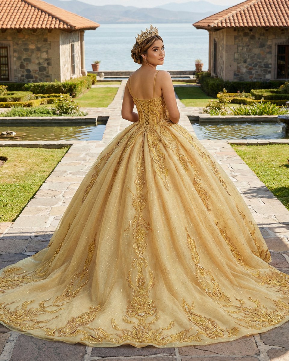Quinceanera Dress Gold Beading Formal Long Evening Dress Spaghetti Straps Ball Gown
