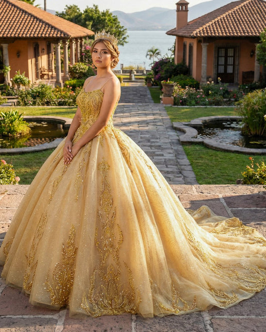 Quinceanera Dress Gold Beading Formal Long Evening Dress Spaghetti Straps Ball Gown