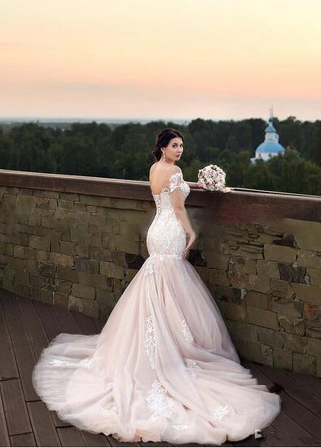 Gorgeous Mermaid Appliqued Lace Tulle Bridal Gowns With Lace-up Back