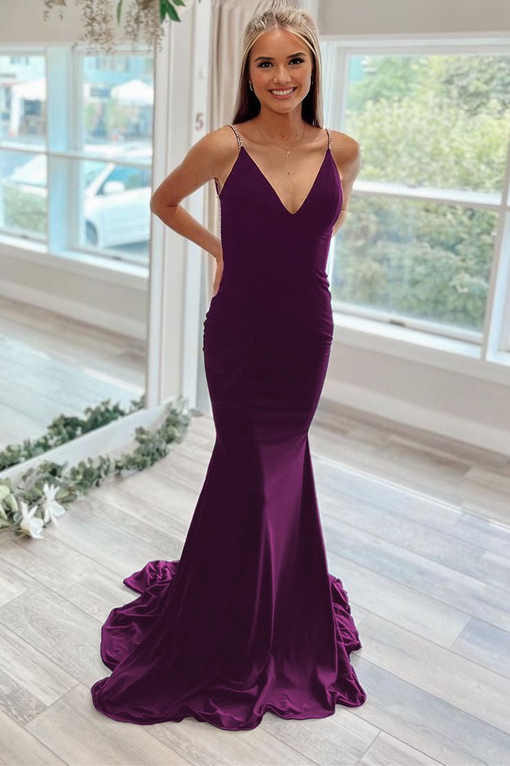 Navy Blue Beaded V-Neck Backless Mermaid Long Prom Dress