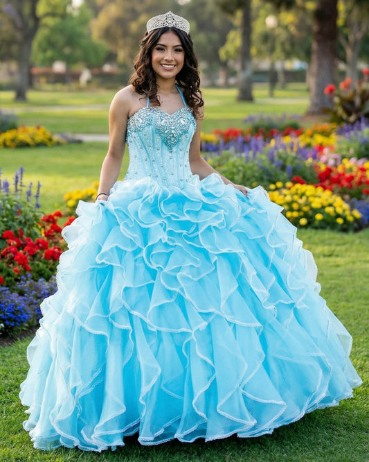 Halter Tulle Ball Gown Quinceanera Dresses With Rhinestones