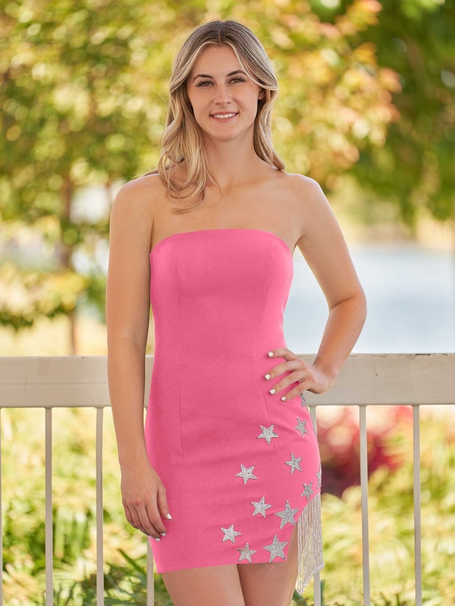 Helene |Sheath Black Strapless Satin Homecoming Dress With Star