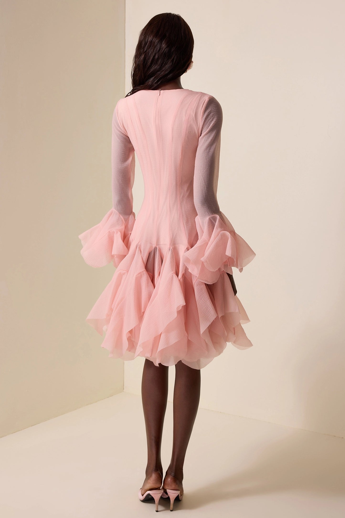 Solid Ruffle Bell Sleeve Midi Dress