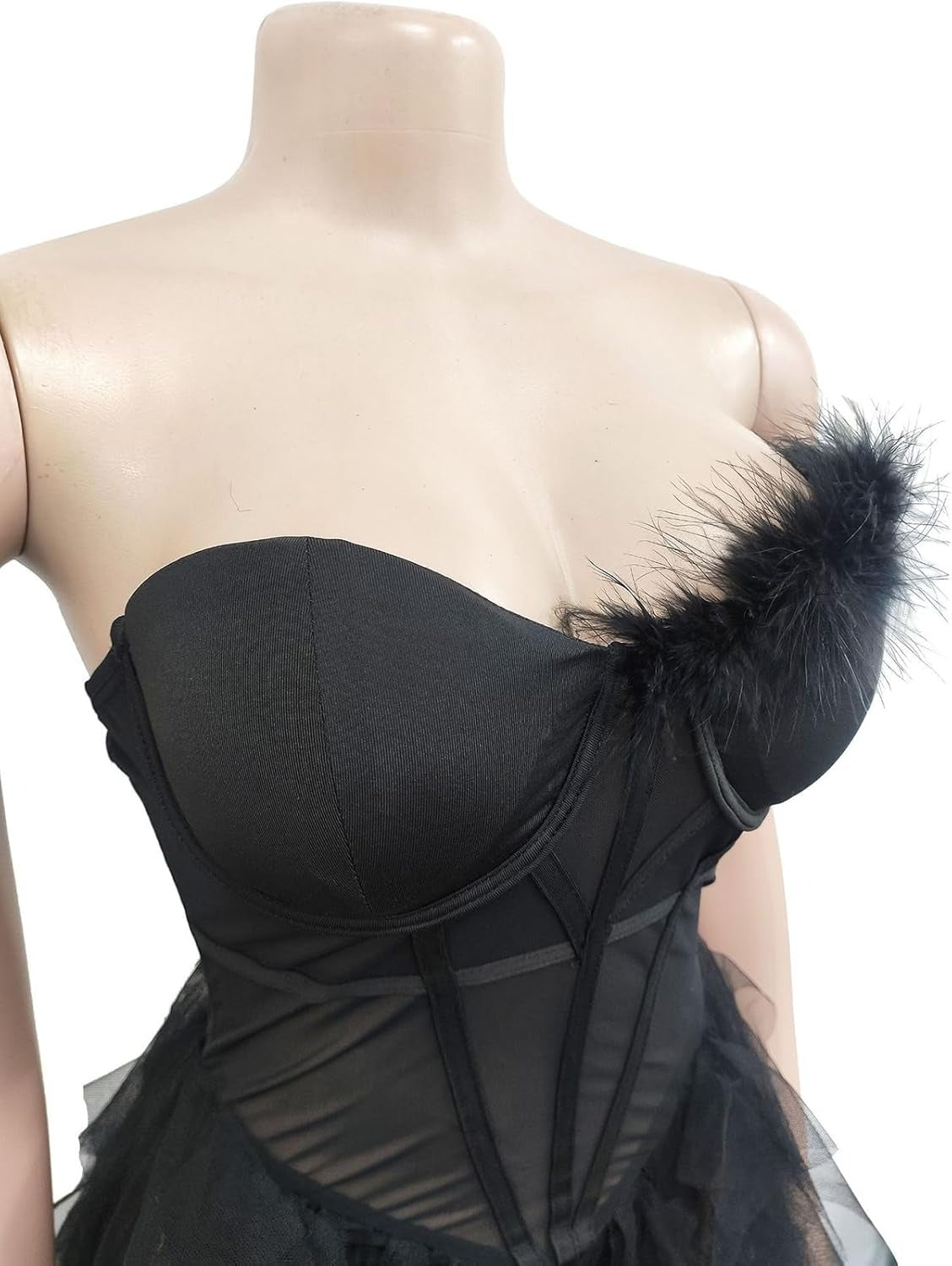 Sleeveless Backless Layered Mesh See Through Feather Long Evening Dresses