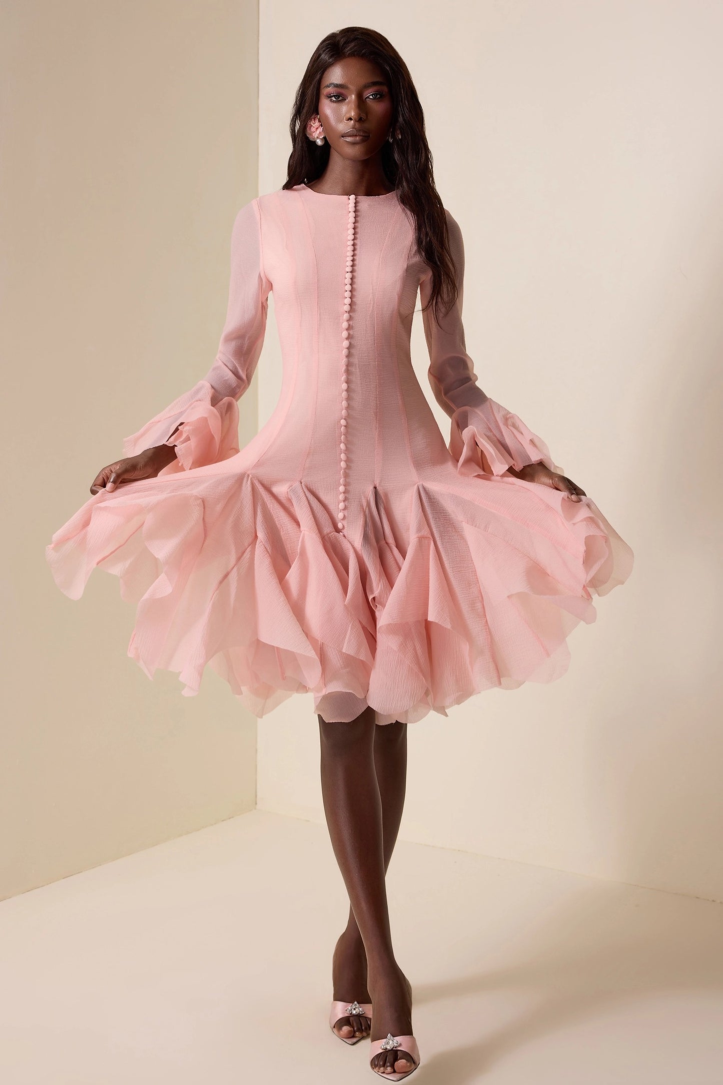 Solid Ruffle Bell Sleeve Midi Dress