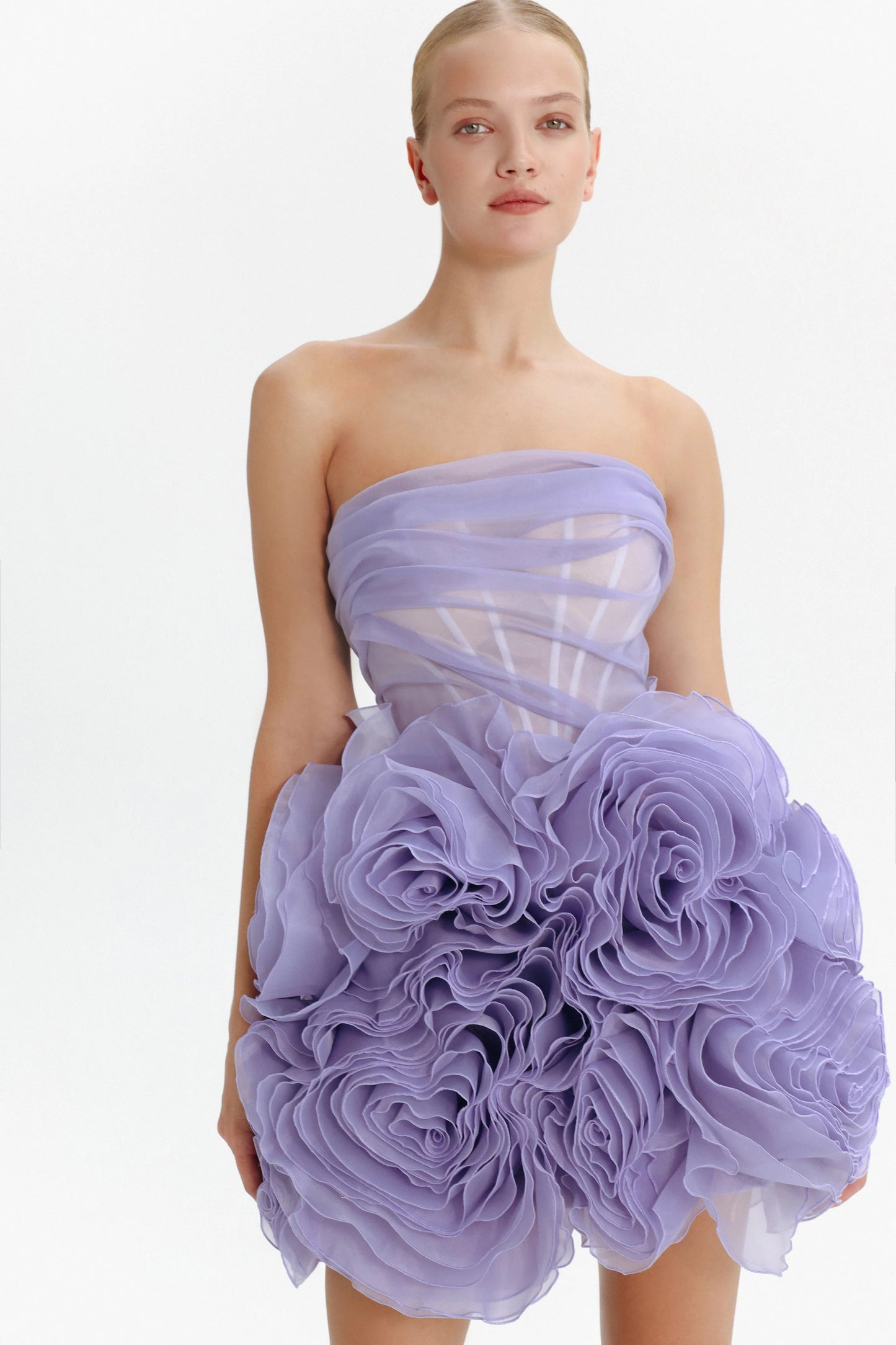 Appliquéd Organza Coral Mini Dress