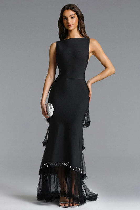 Chic Tailored Sleeveless Beaded Woven Maxi Dress