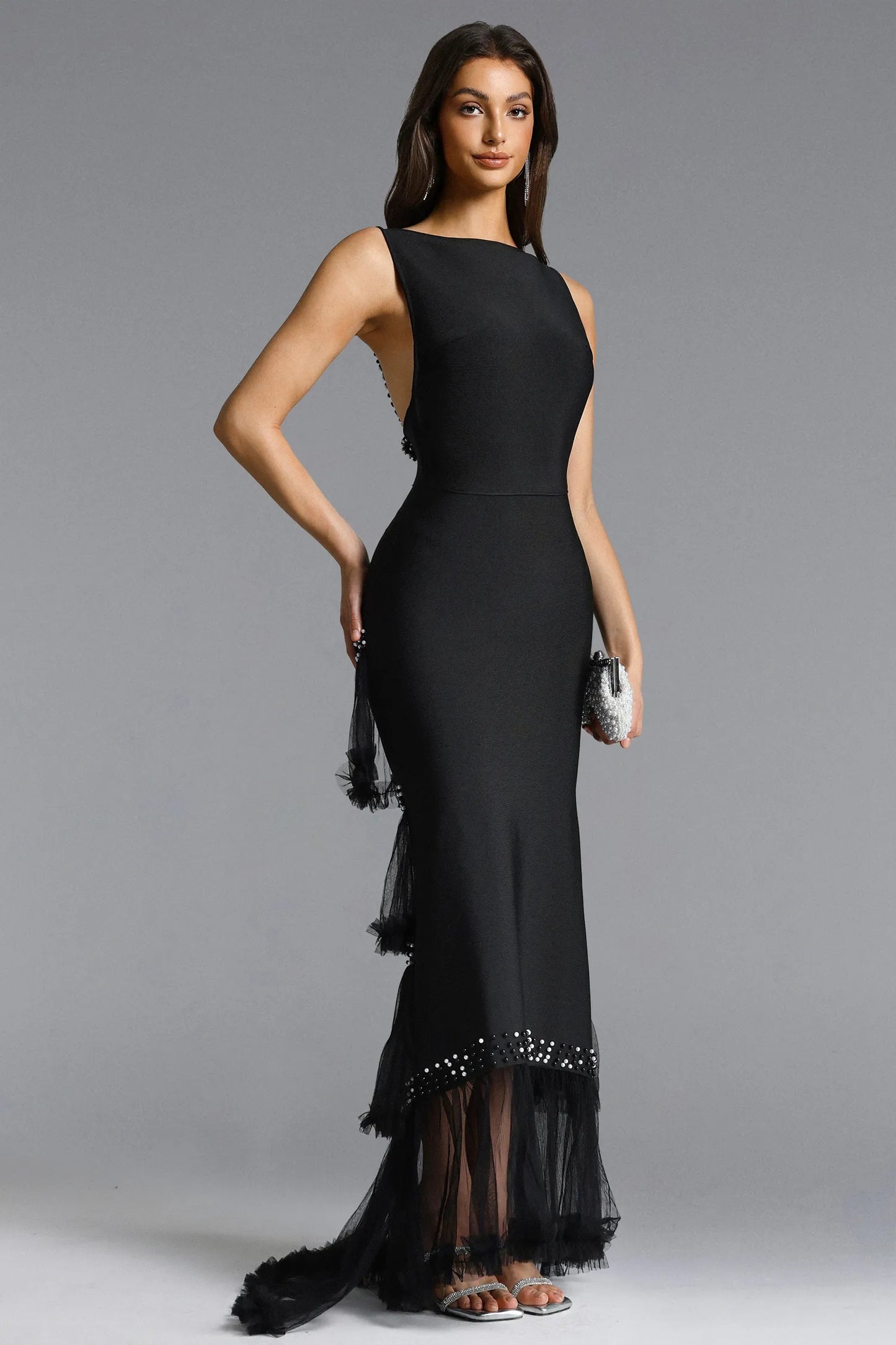 Chic Tailored Sleeveless Beaded Woven Maxi Dress