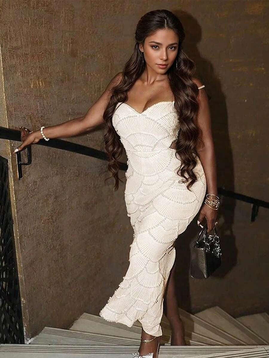Solid Color Spaghetti Straps Pearl Sequins Decoration Hollow Slit Slim Long Dresses