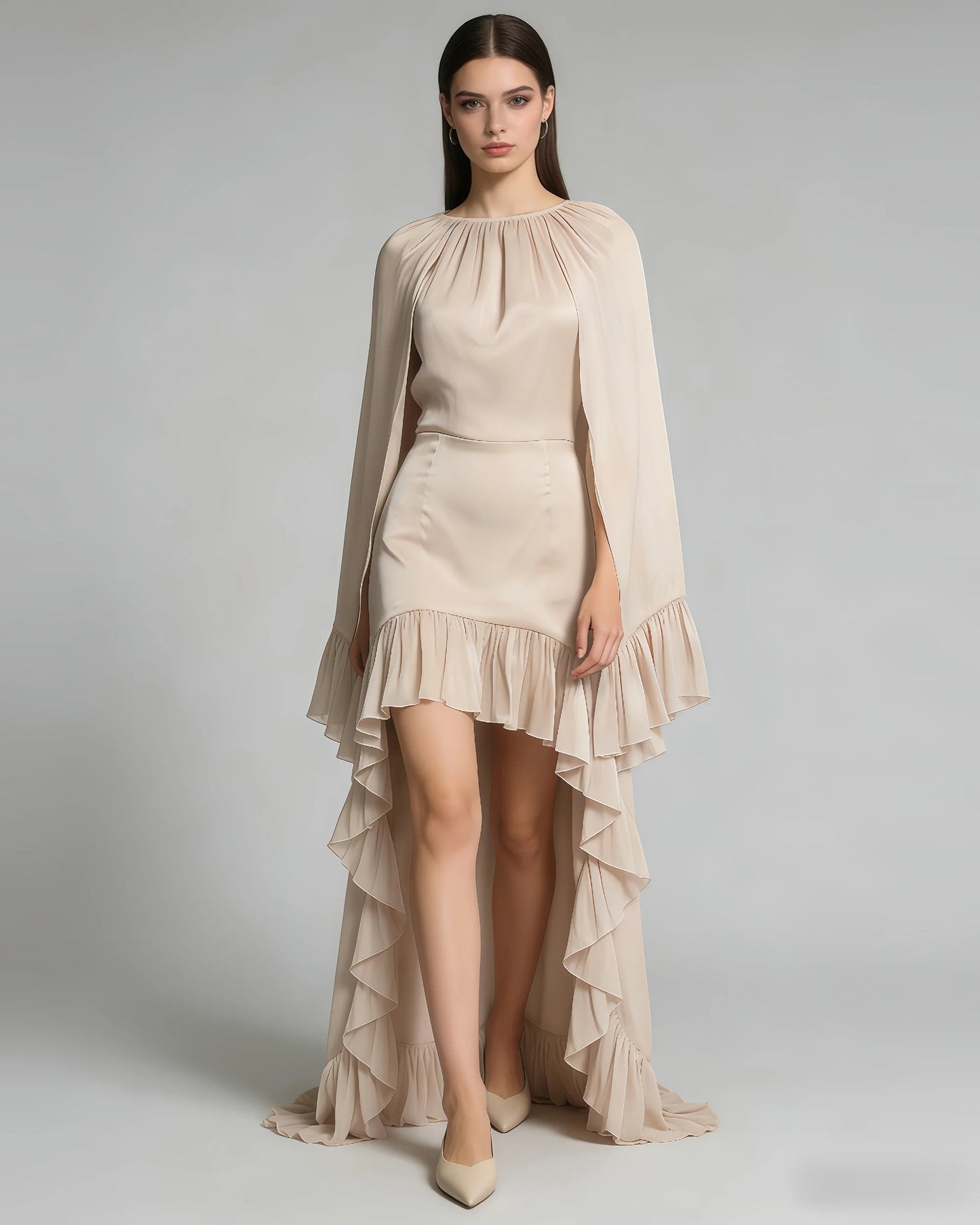Shawl Ruffle Asymmetric Hem Maxi Dress