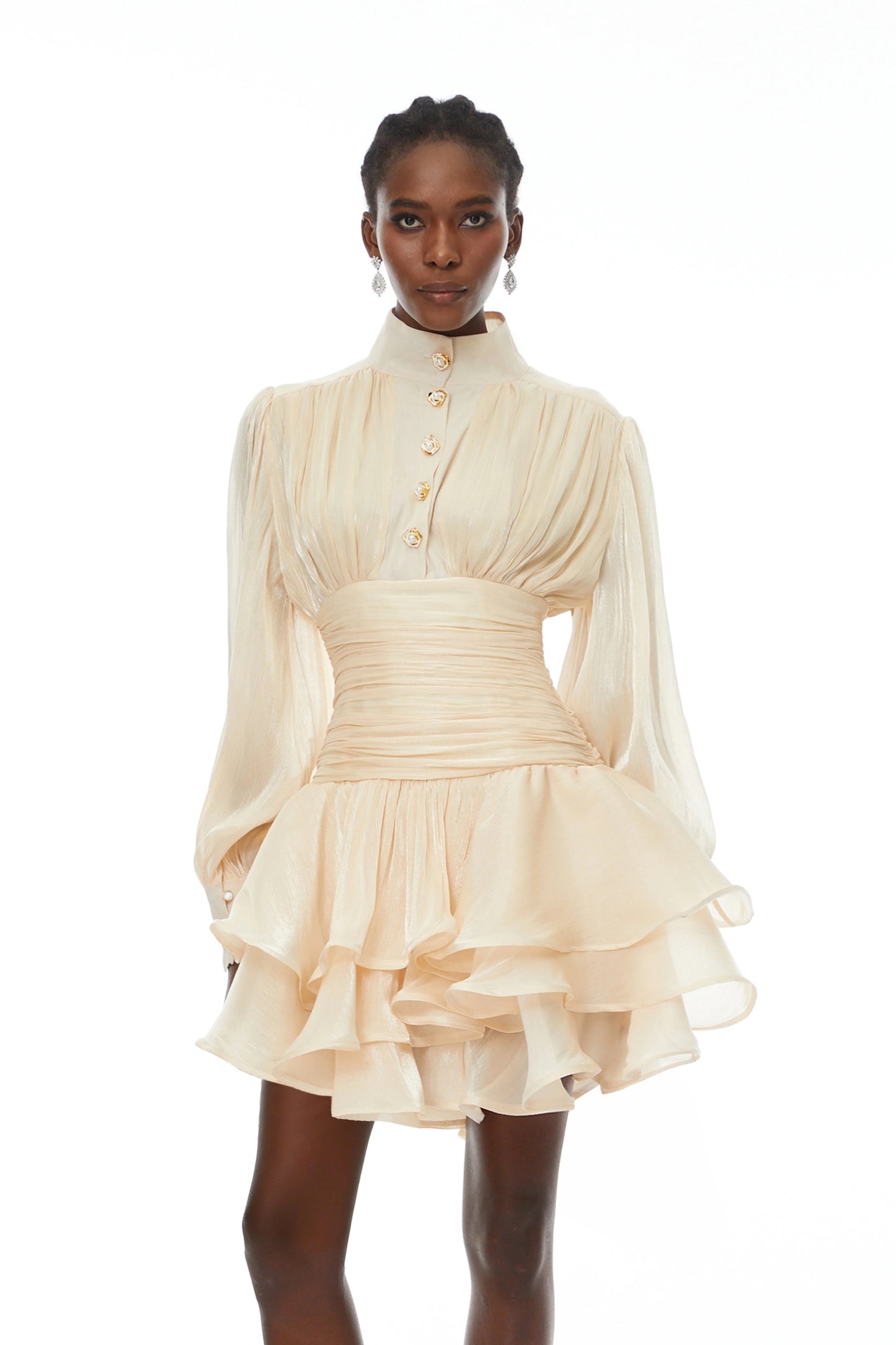 Neutrals High-Neck Ruffled Detail Mini Dress