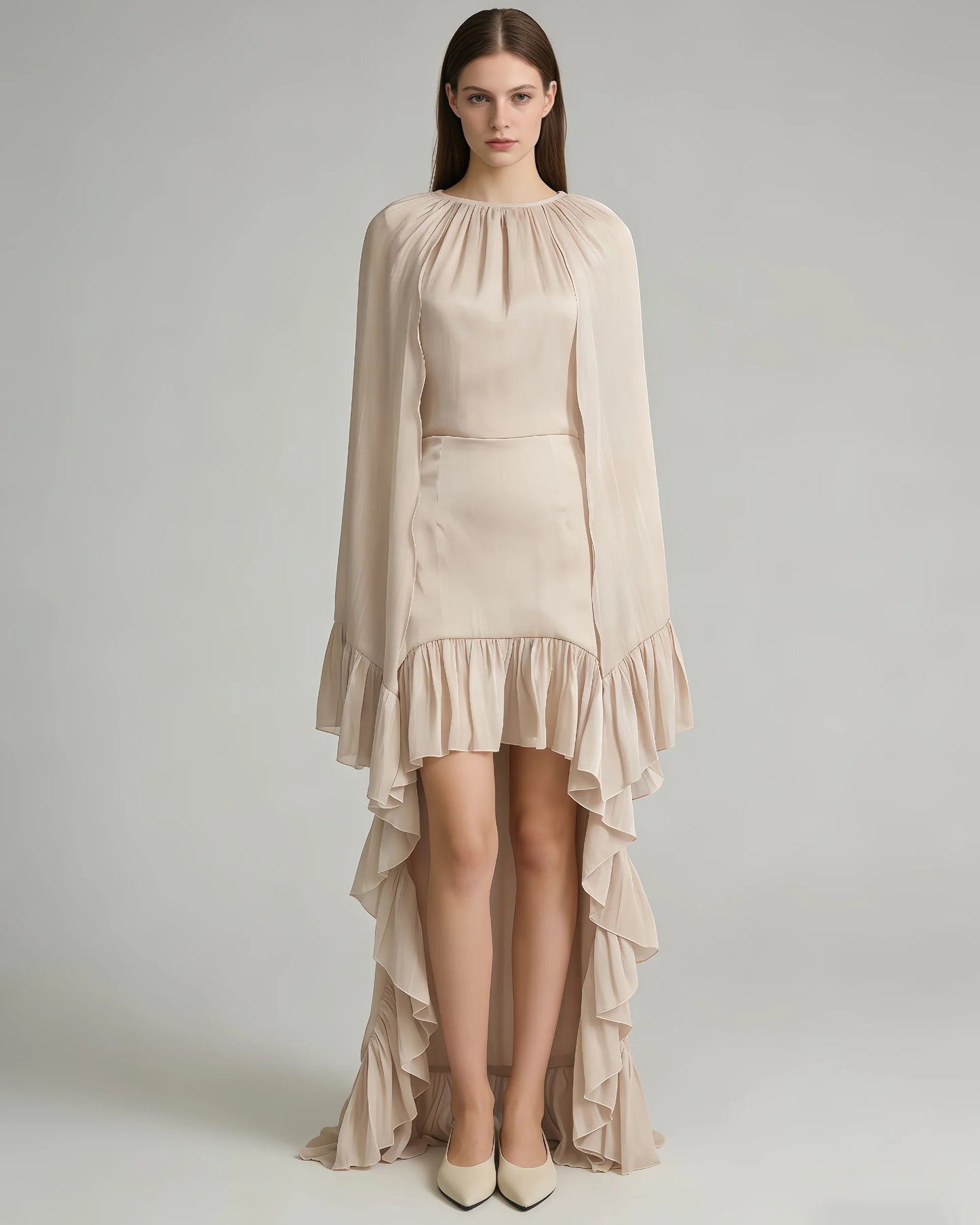 Shawl Ruffle Asymmetric Hem Maxi Dress