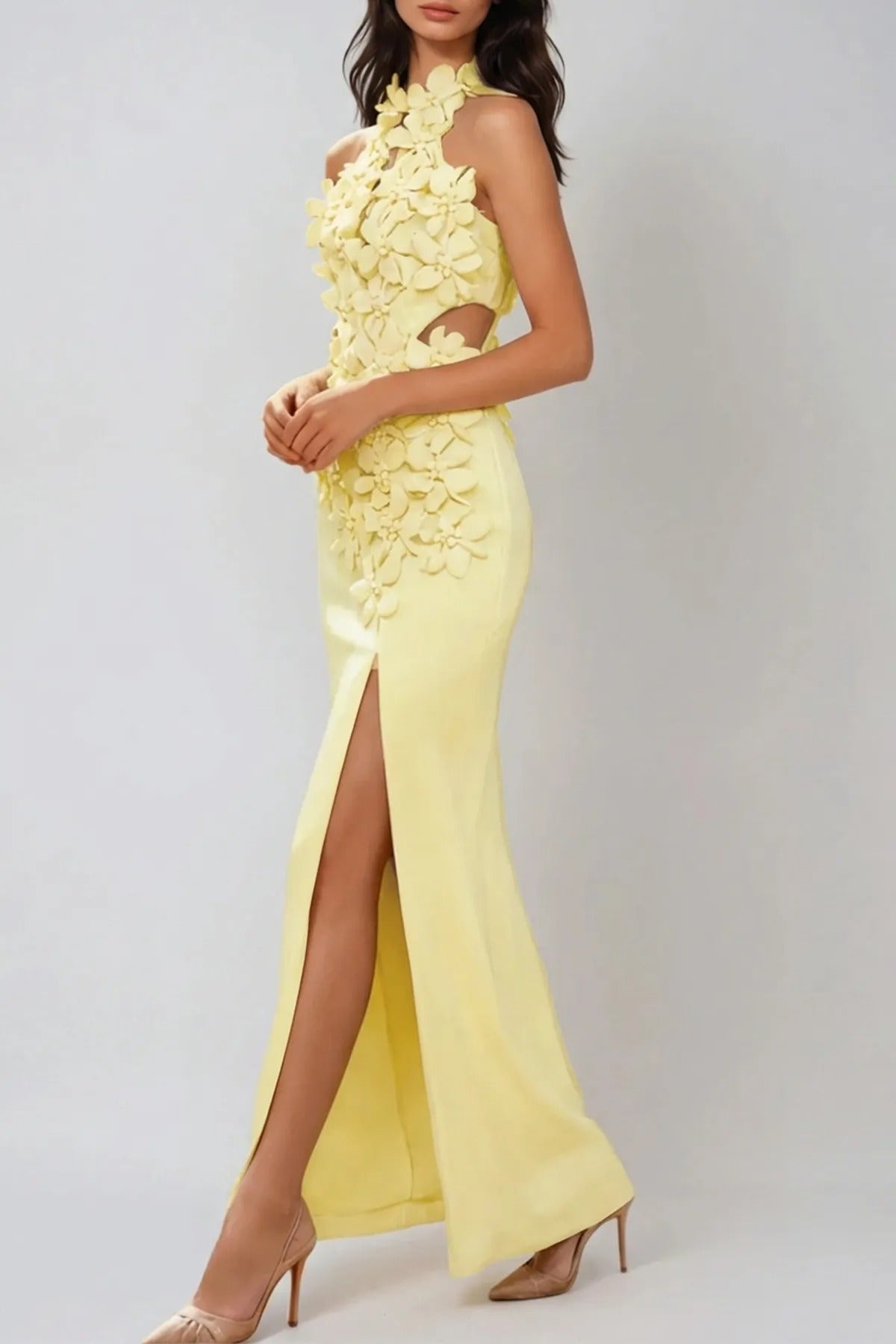 Halter Neck Flower Split Maxi Dress
