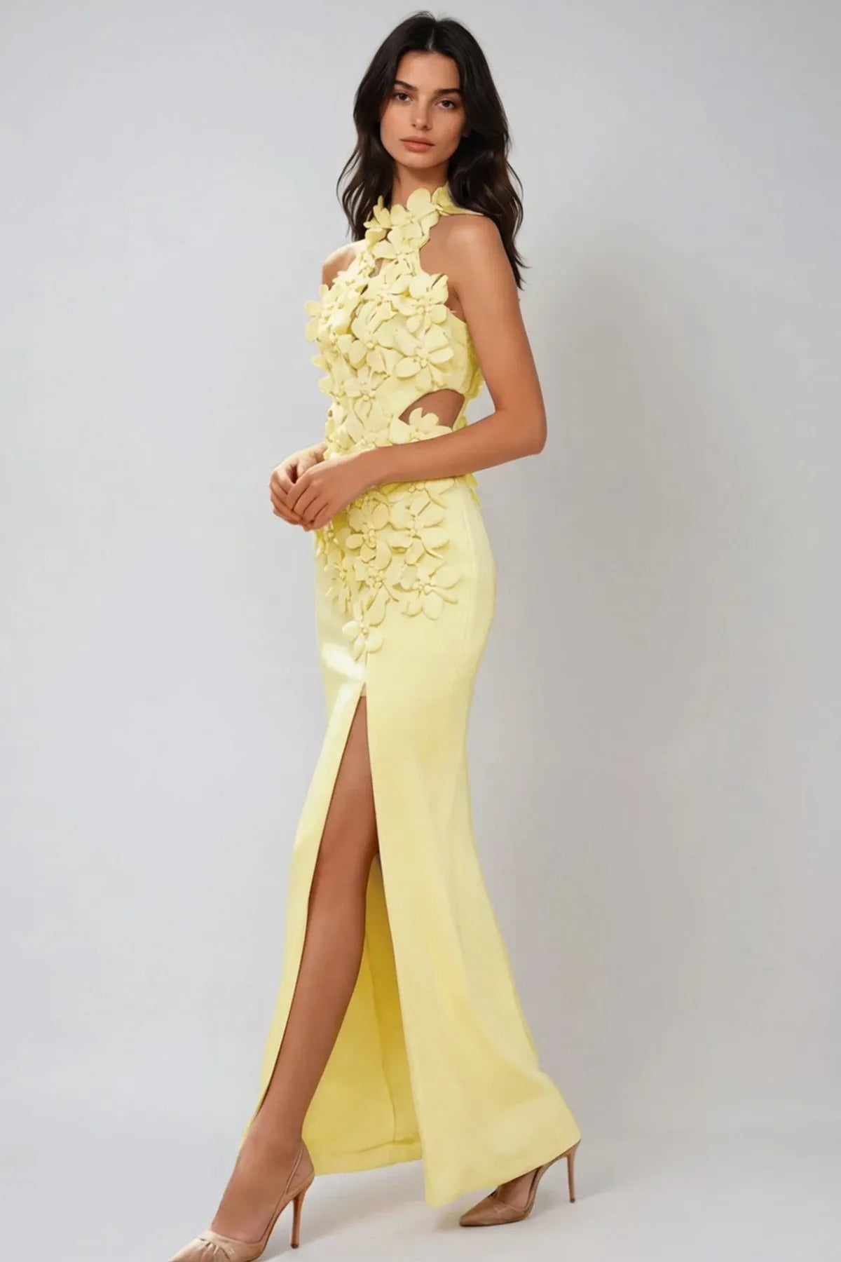 Halter Neck Flower Split Maxi Dress