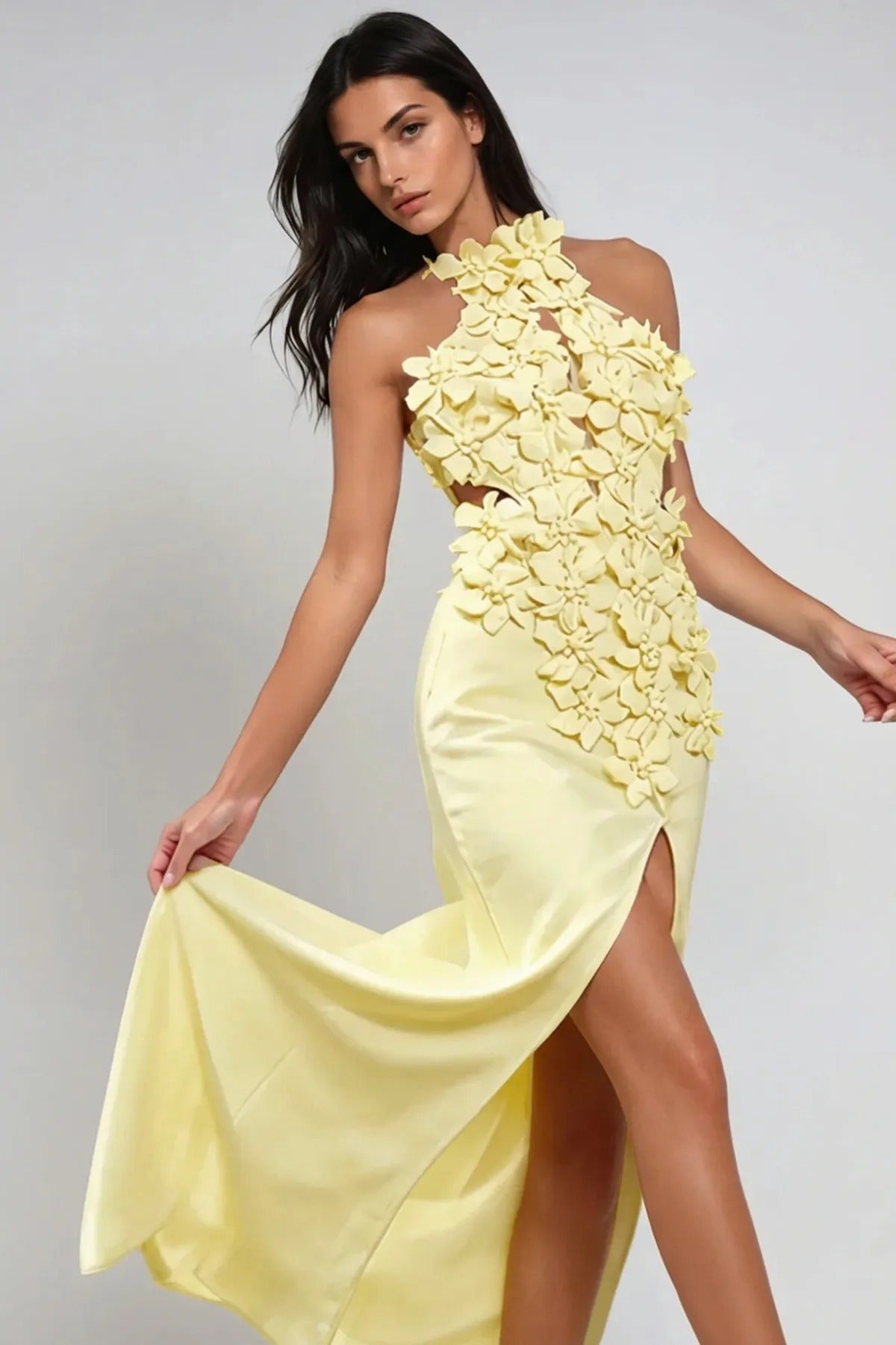 Halter Neck Flower Split Maxi Dress