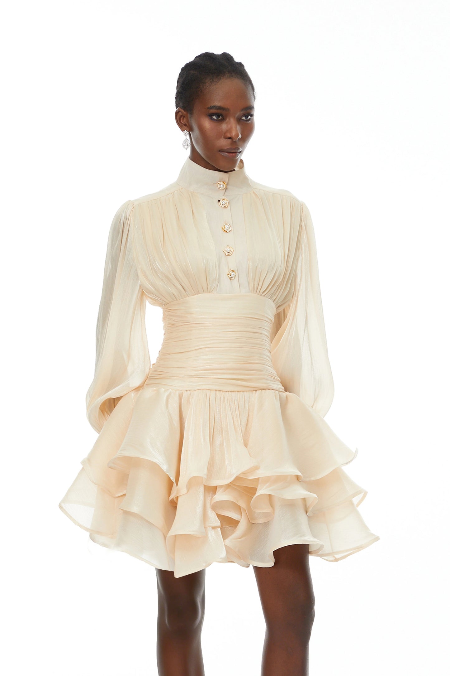 Neutrals High-Neck Ruffled Detail Mini Dress