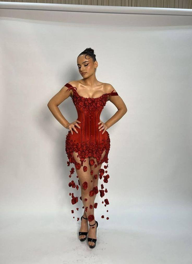 3D Floral Corset Mini Dress with Petal Fringe Hem