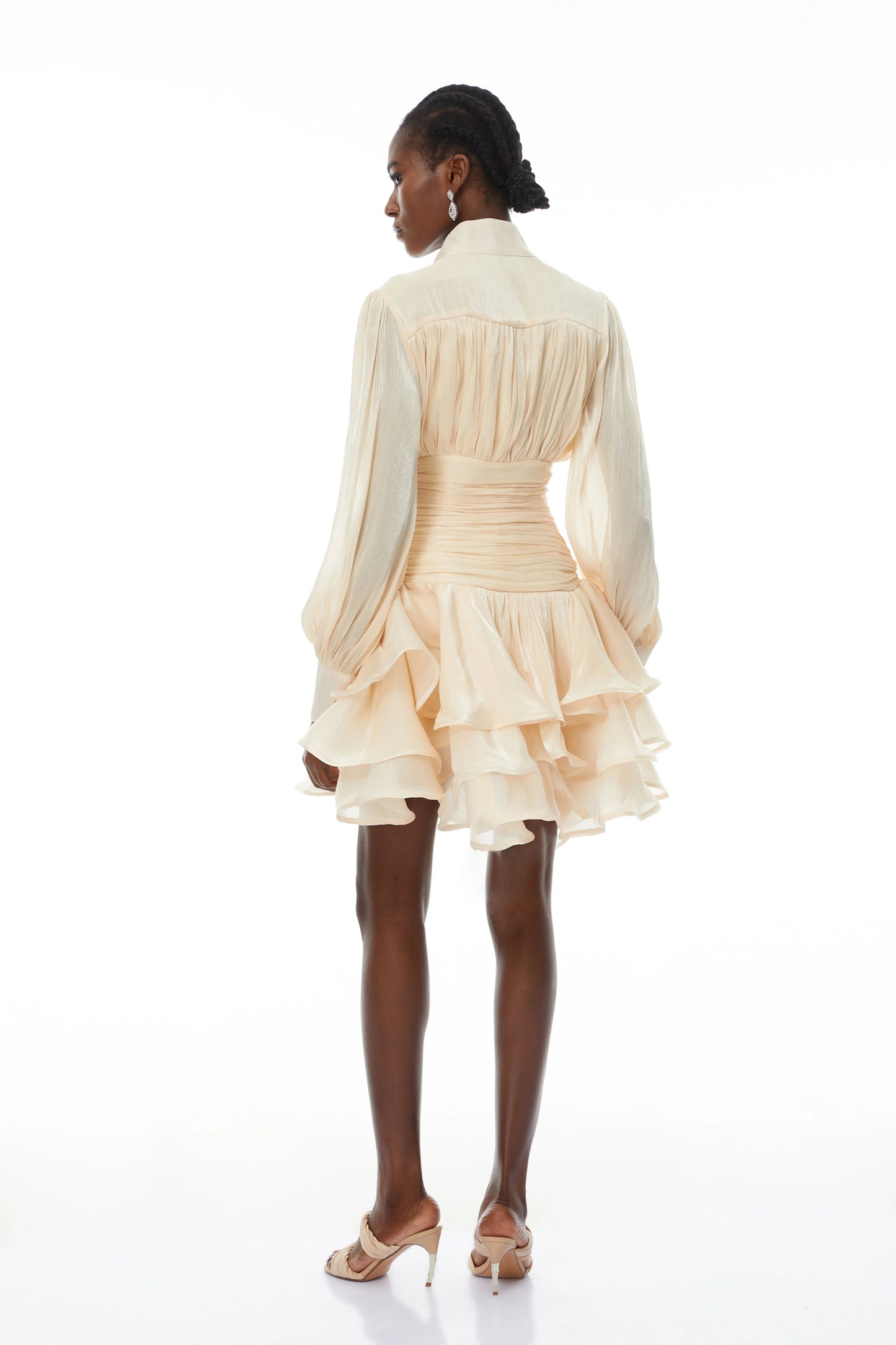 Neutrals High-Neck Ruffled Detail Mini Dress