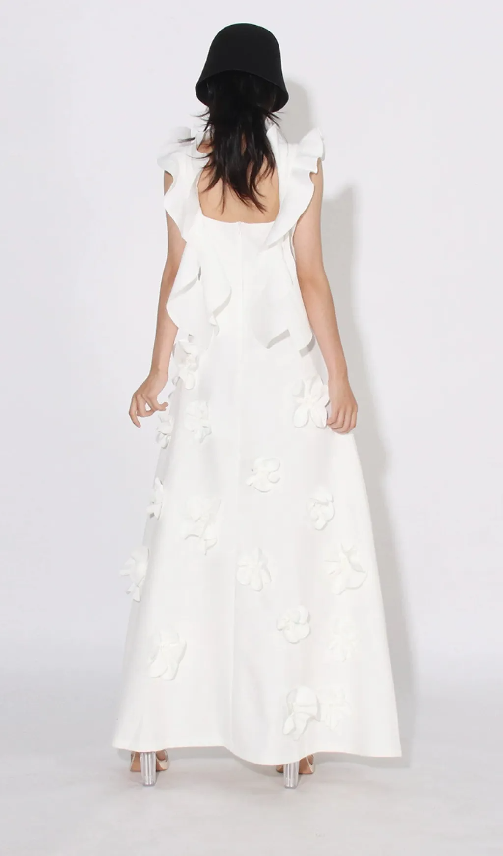 Flower Ruffle Trim Strap Midi Dress in White