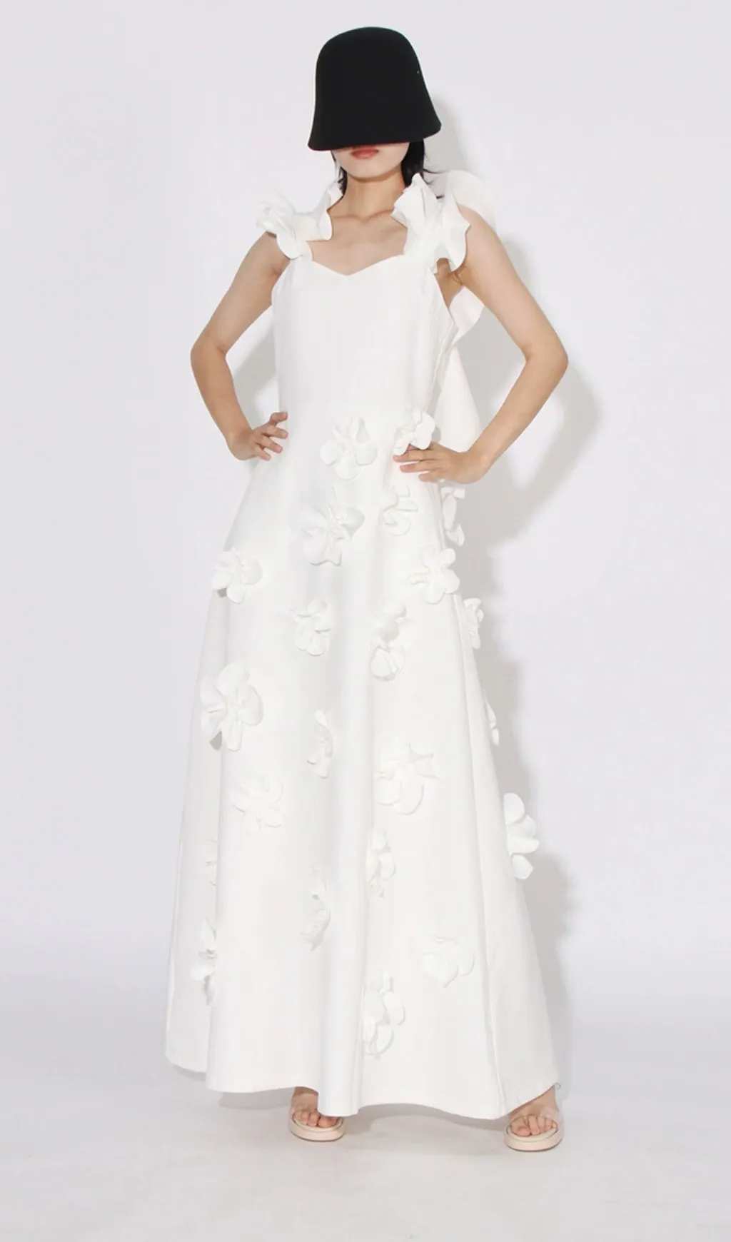 Flower Ruffle Trim Strap Midi Dress in White