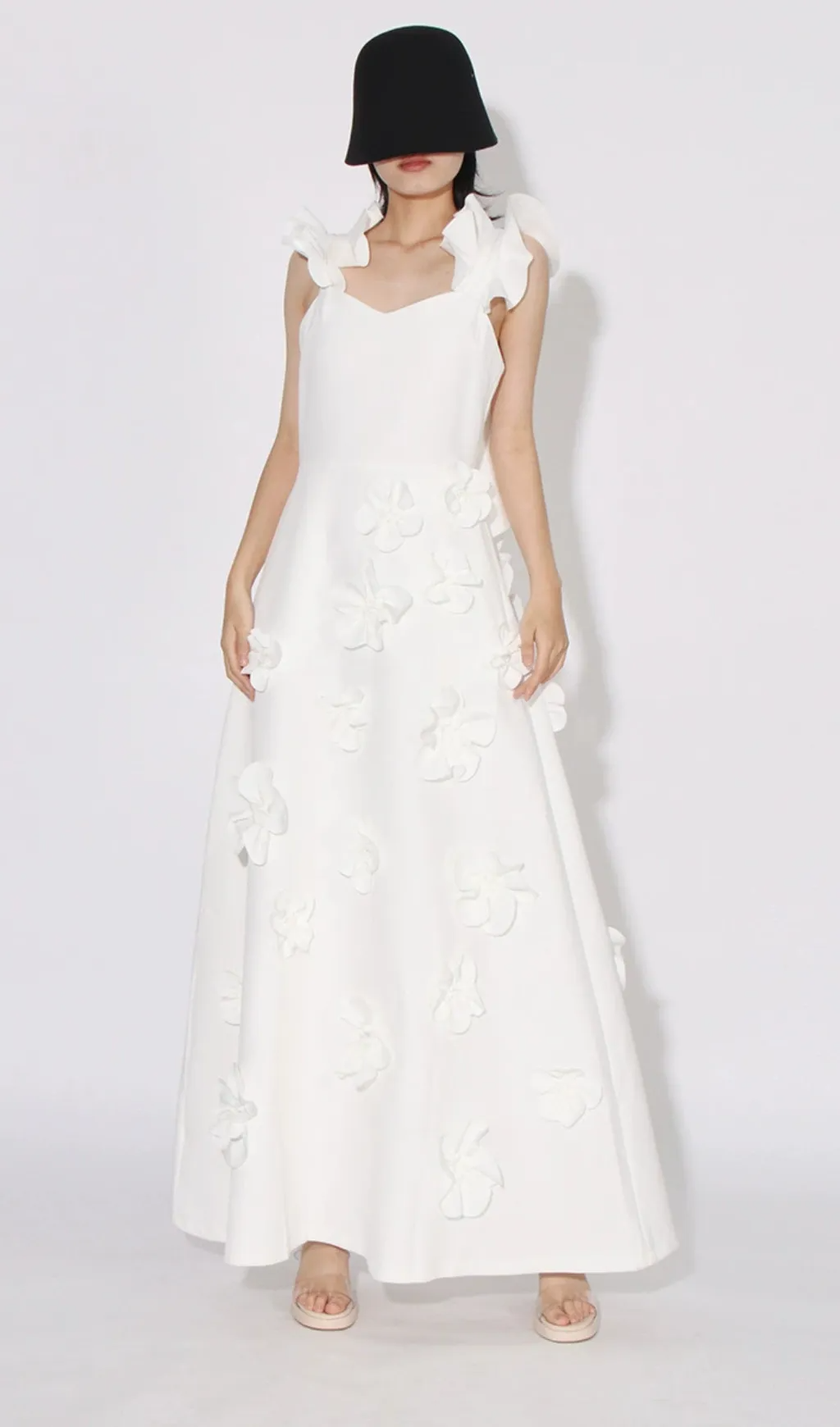 Flower Ruffle Trim Strap Midi Dress in White