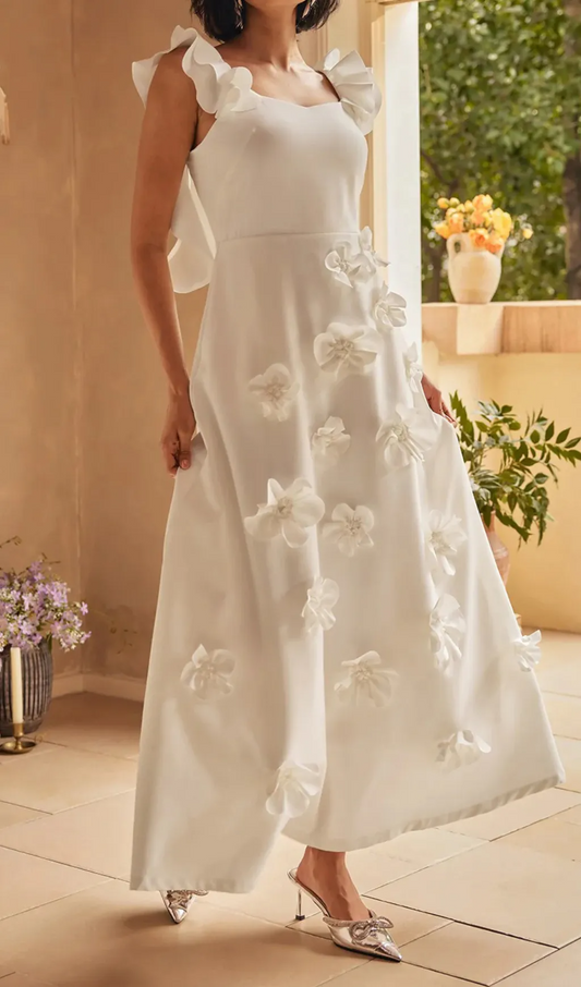 Flower Ruffle Trim Strap Midi Dress in White