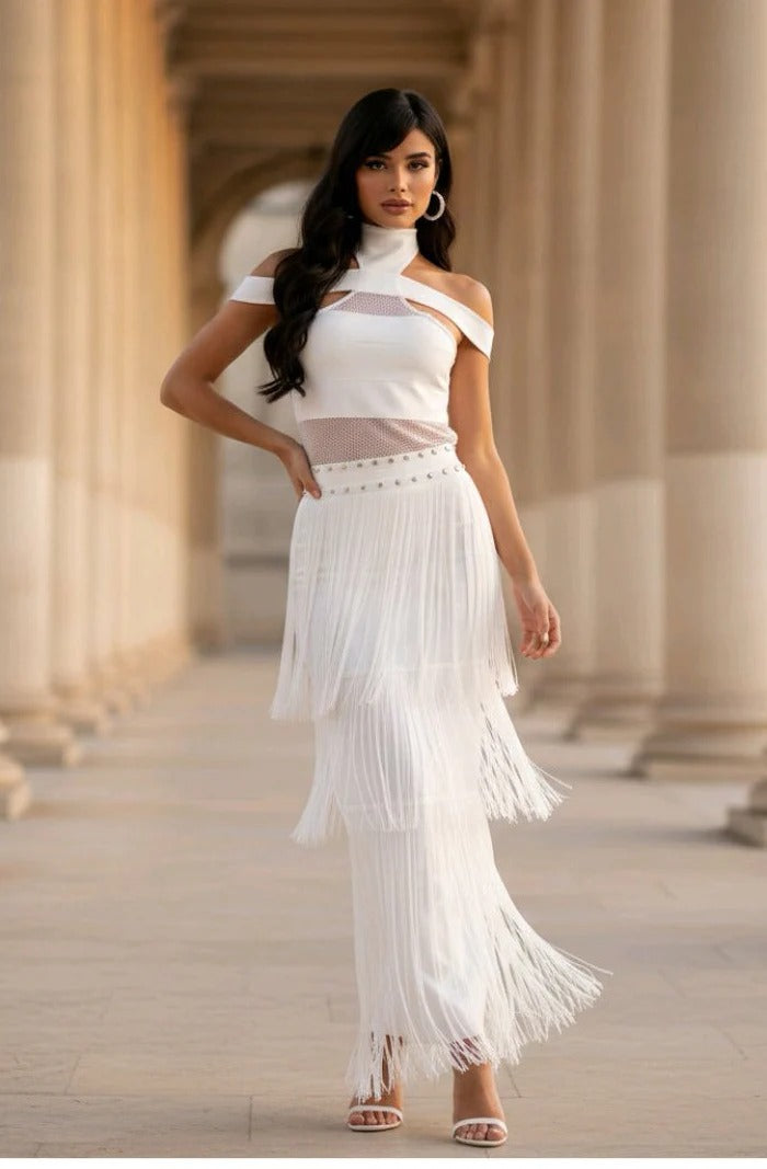 Off Shoulder Fringe Trim Bandage Dress
