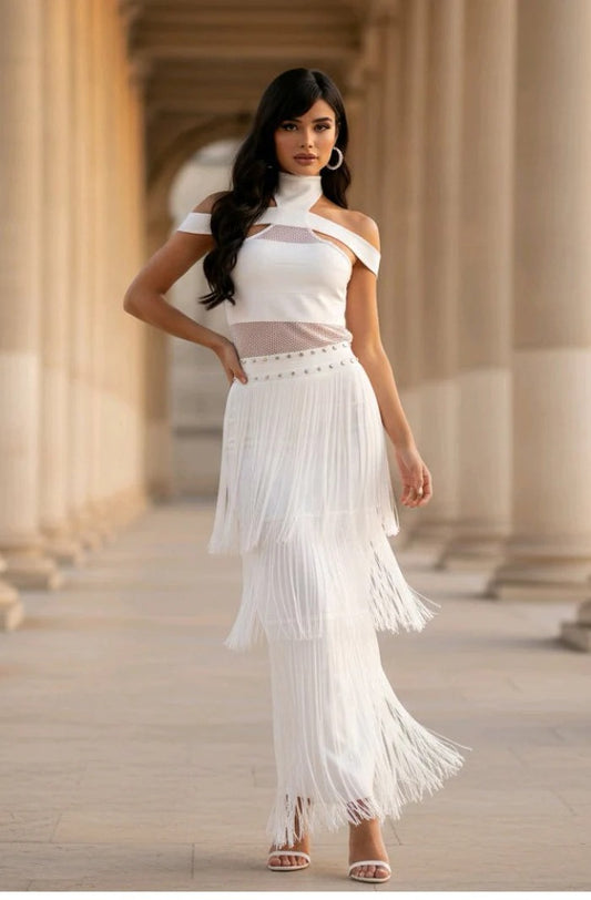 Off Shoulder Fringe Trim Bandage Dress
