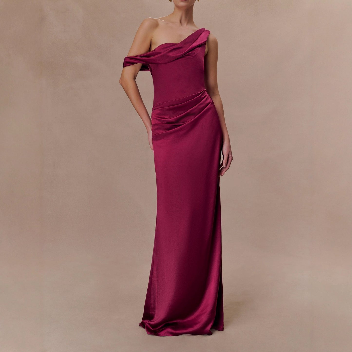 Satin Off-Shoulder High-Waisted Fitted Bridesmaid Dress