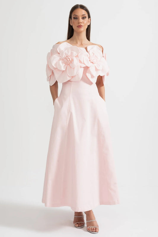 Off-the-Shoulder Midi Dress Adorned with Large Floral Fabric Patterns