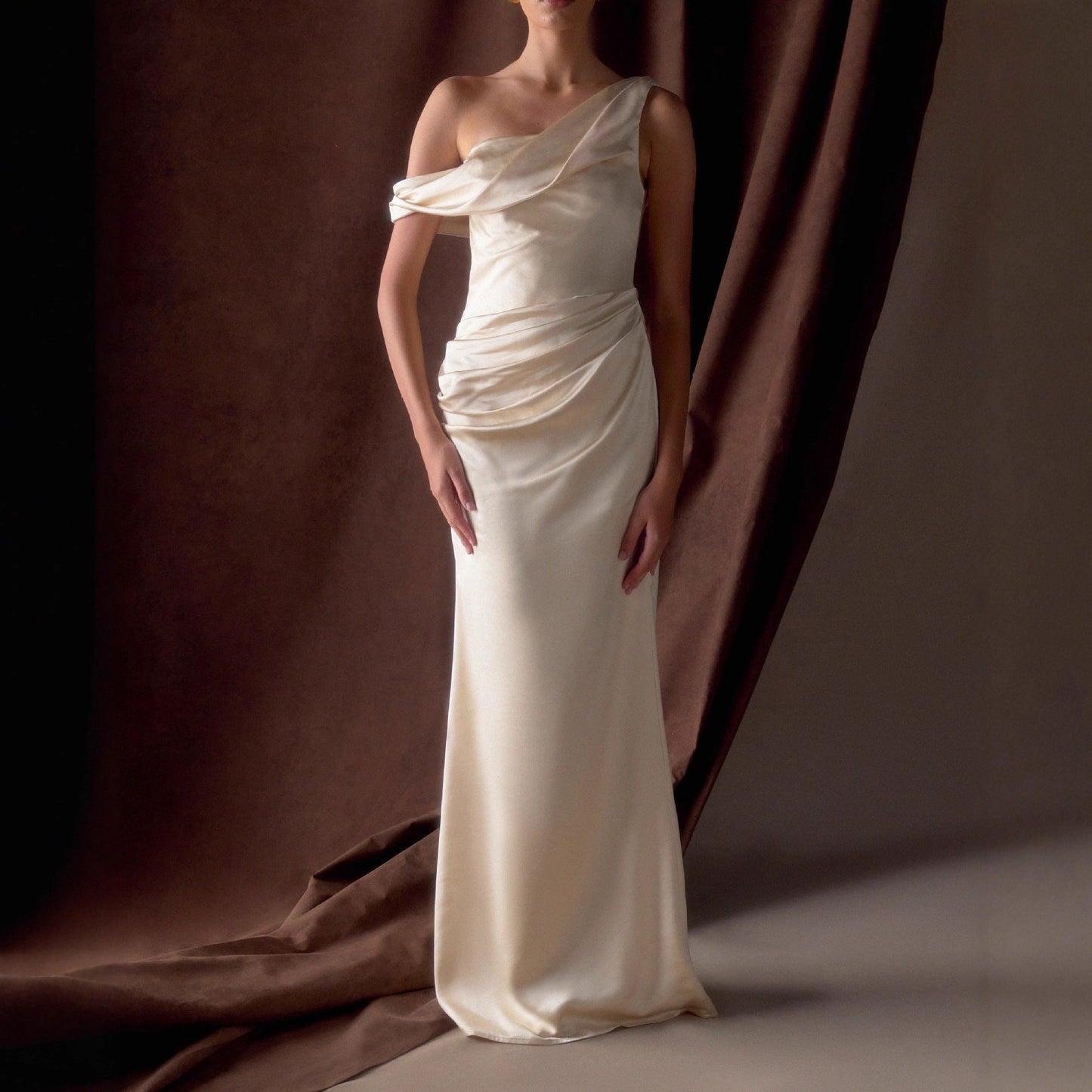 Satin Off-Shoulder High-Waisted Fitted Bridesmaid Dress