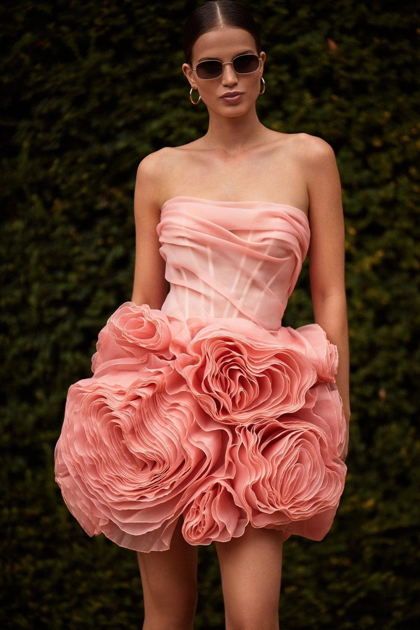 Appliquéd Organza Coral Mini Dress