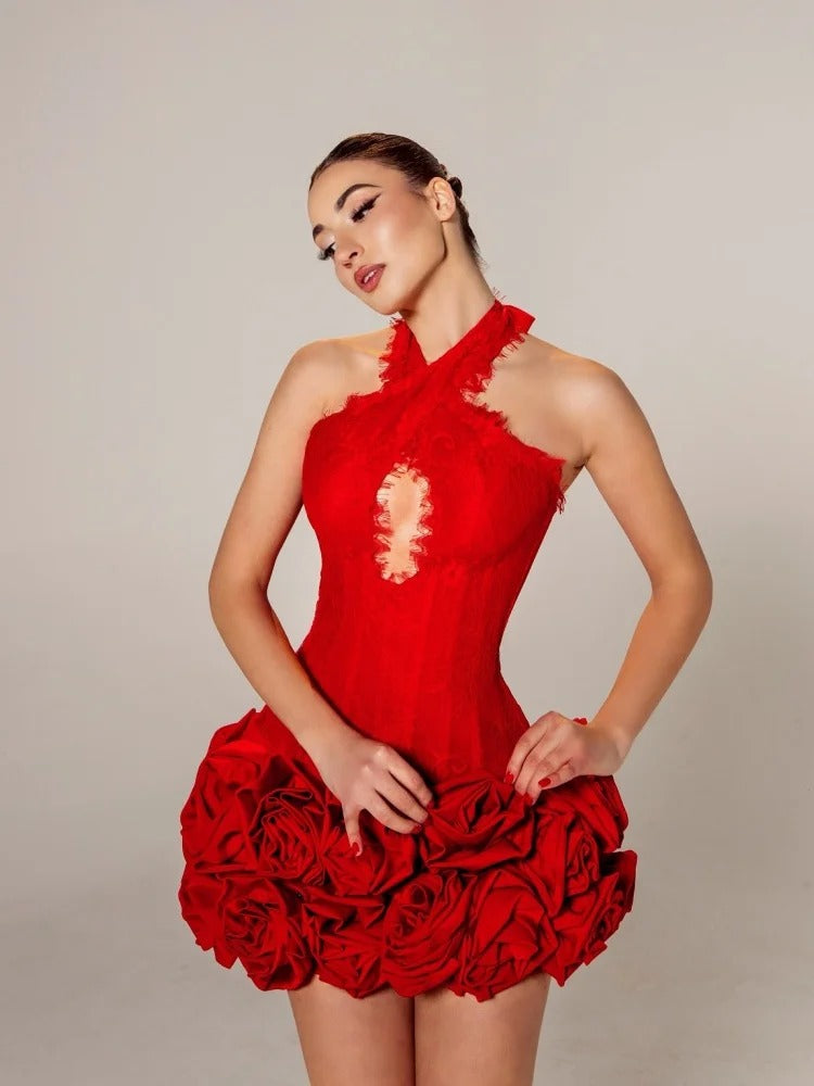 3D Floral Applique Bandage Bodycon Mini Dress