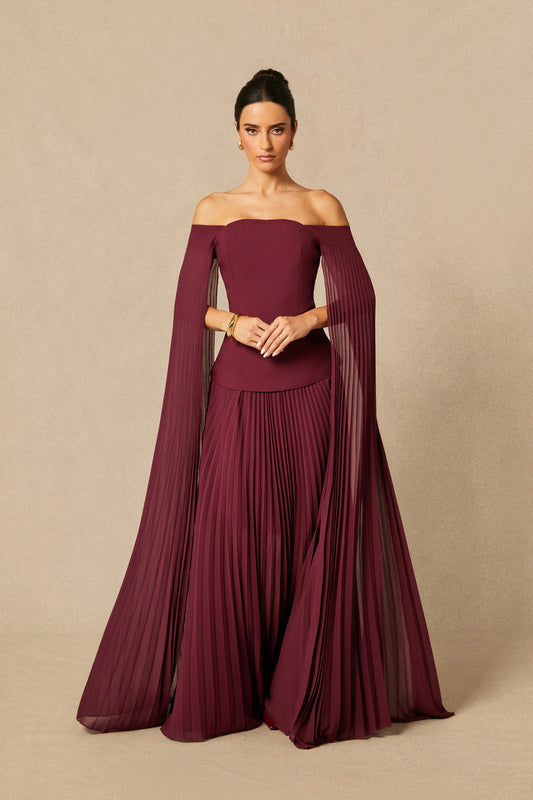 2 Piece Set Off-Shoulder Pleated Chiffon Cape Top & Maxi Skirt