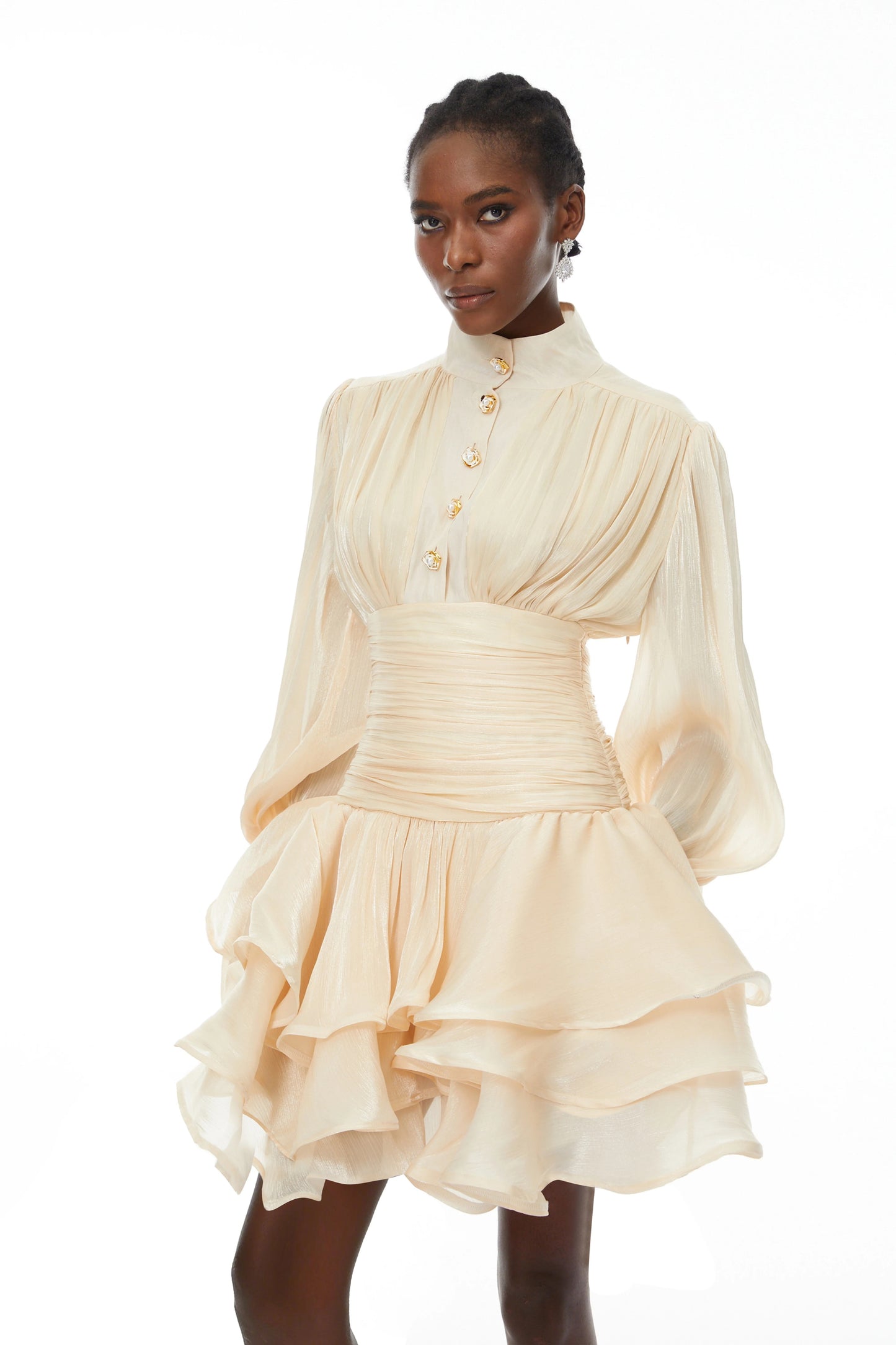 Neutrals High-Neck Ruffled Detail Mini Dress
