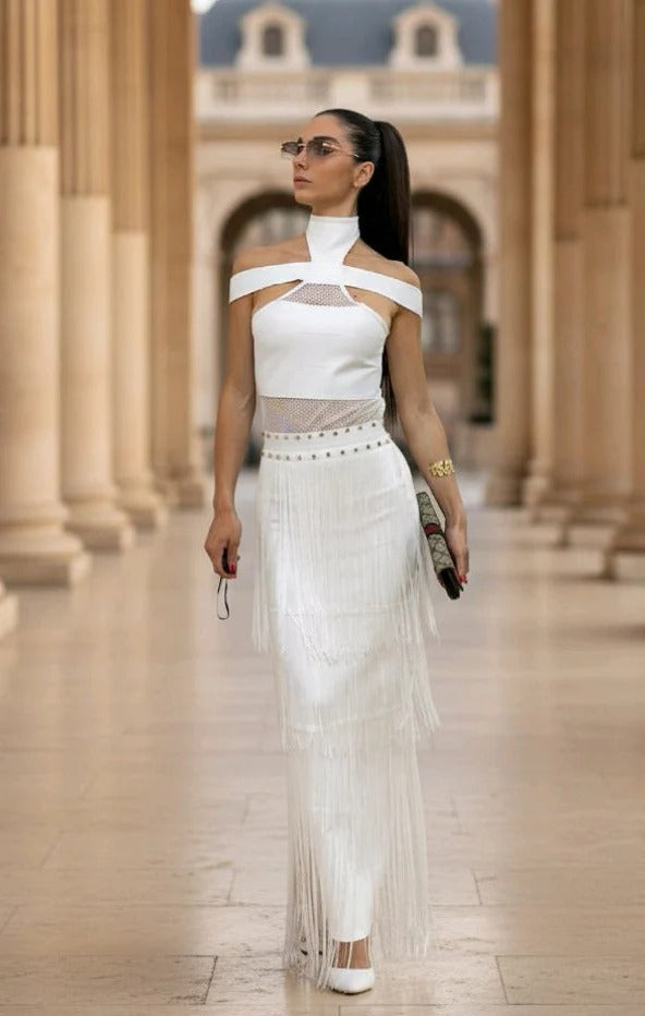 Off Shoulder Fringe Trim Bandage Dress