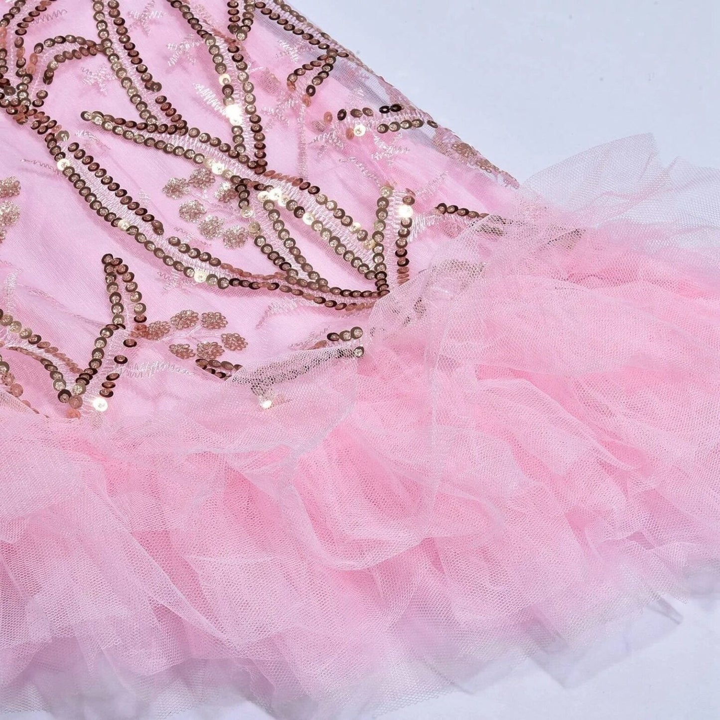 Pink Sequin Tulle Evening Dress with Sexy Slit & Train