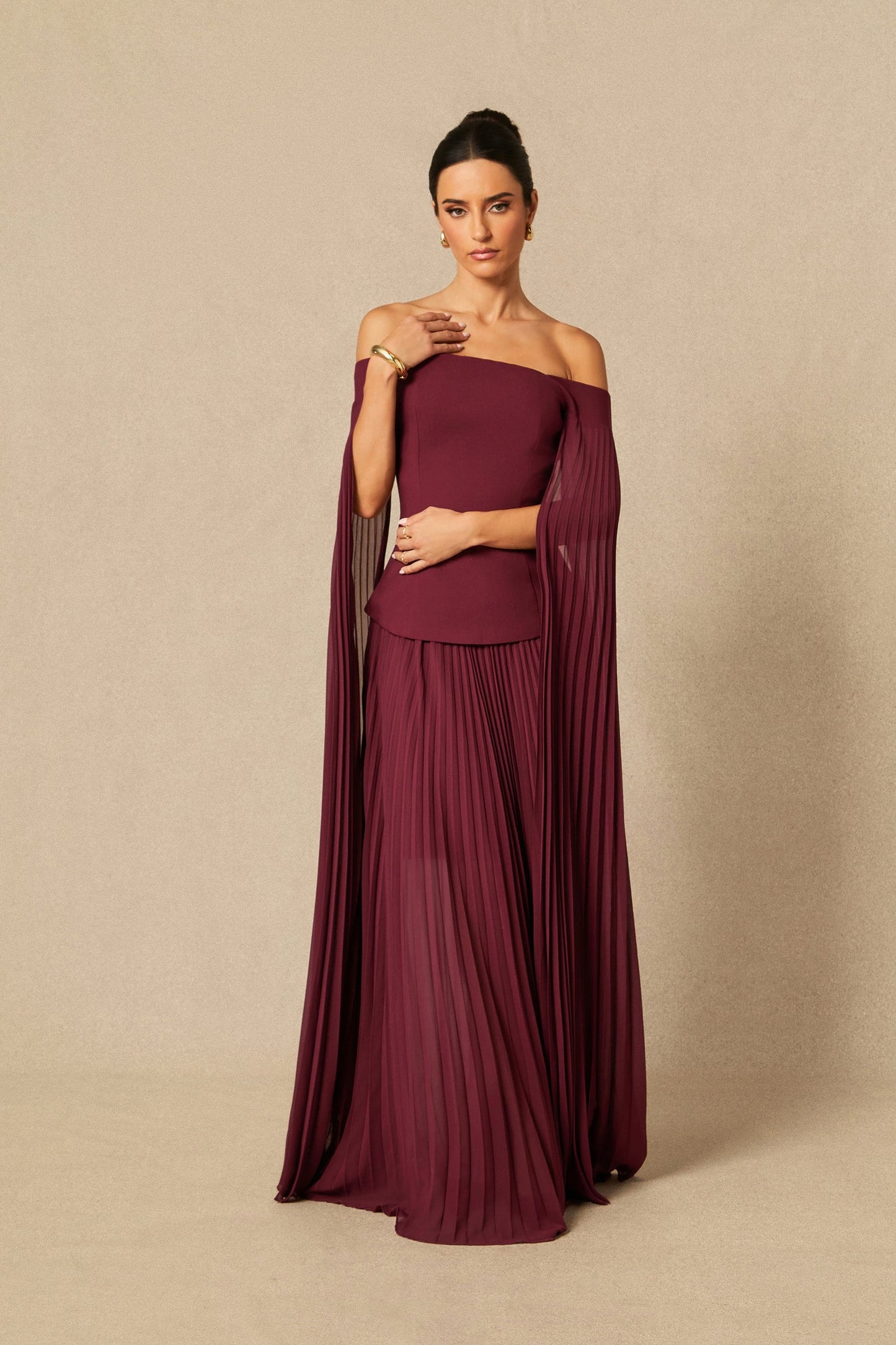 2 Piece Set Off-Shoulder Pleated Chiffon Cape Top & Maxi Skirt