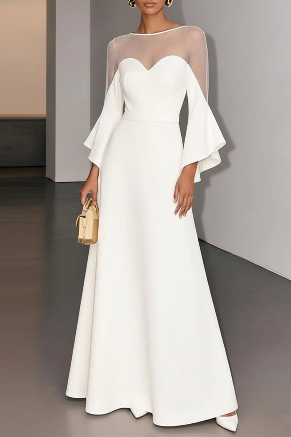 White Formal Evening Dress A-Line Illusion Neck Chiffon Maxi Dress
