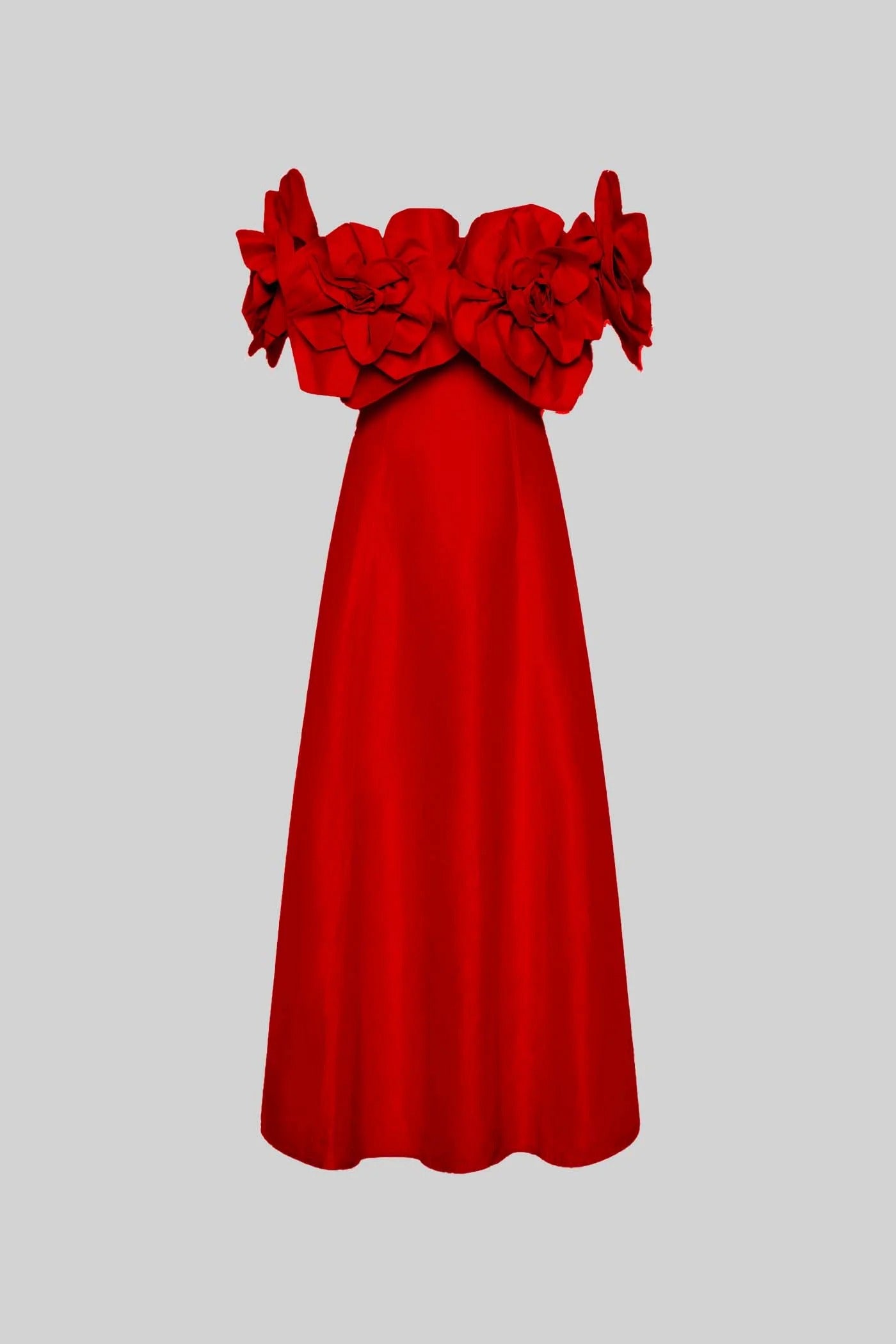 Off-the-Shoulder Midi Dress Adorned with Large Floral Fabric Patterns