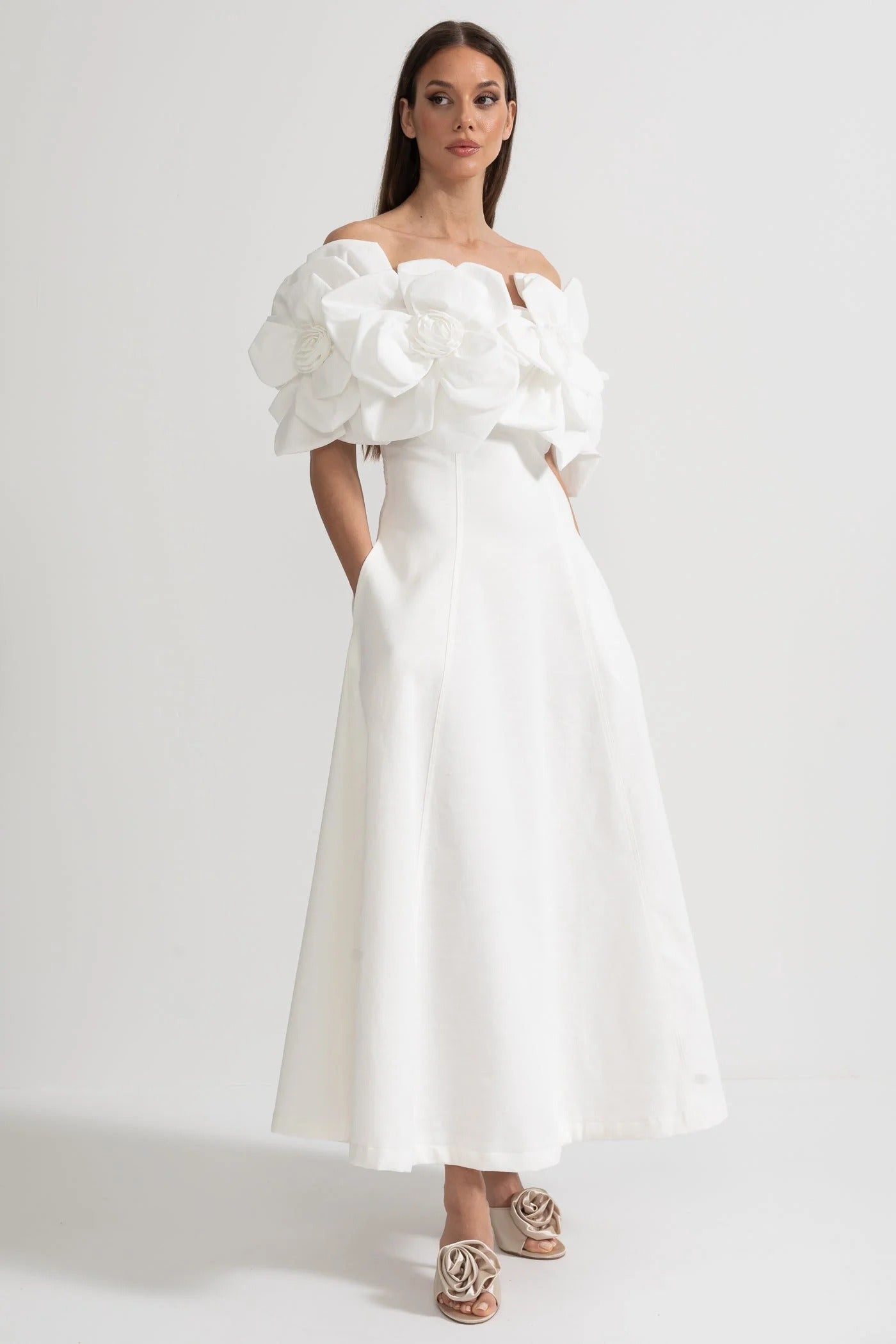 Off-the-Shoulder Midi Dress Adorned with Large Floral Fabric Patterns