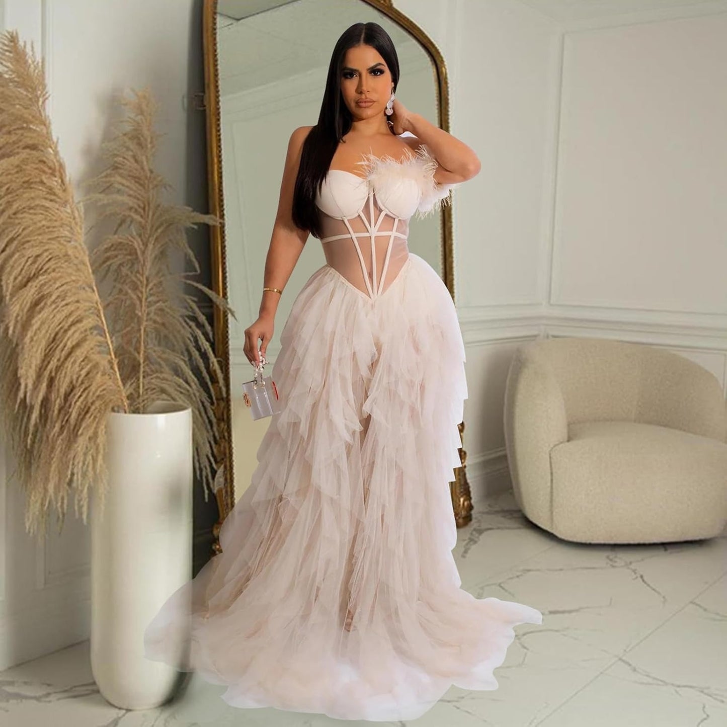 Sleeveless Backless Layered Mesh See Through Feather Long Evening Dresses
