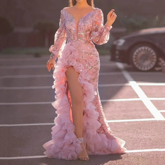 Pink Sequin Tulle Evening Dress with Sexy Slit & Train