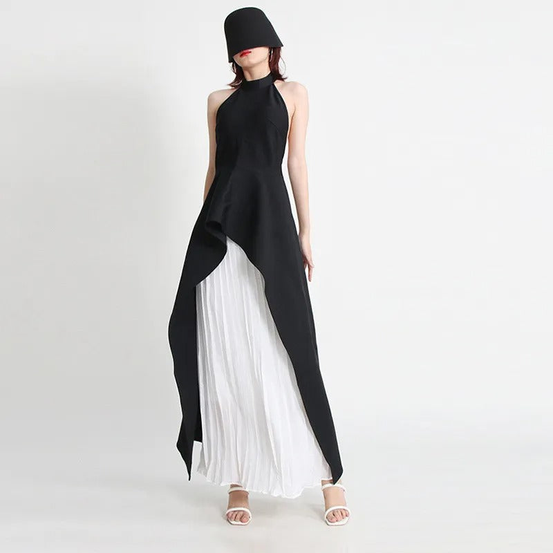 Black and White Color-Blocked Sleeveless Two-Piece Set
