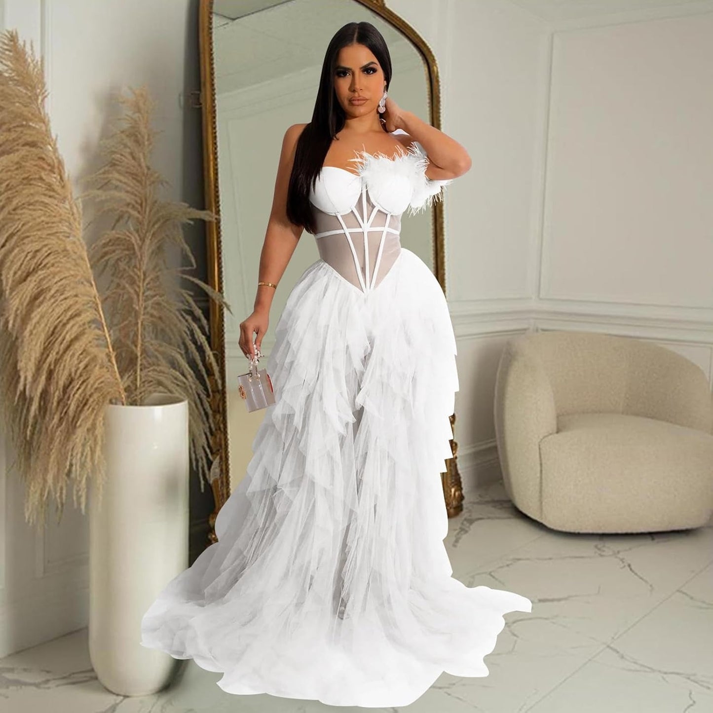 Sleeveless Backless Layered Mesh See Through Feather Long Evening Dresses